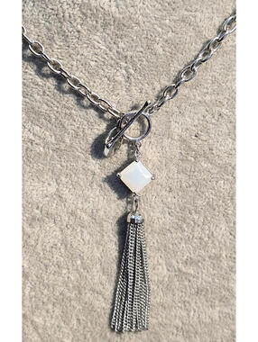 Laila Rowe Silver Tone Necklace Opalite Chain Tassel Pendant Toggle Closure